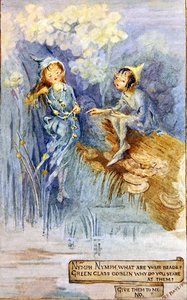 ニンフと緑のゴブリン」（ボードに水彩画） 作： Margaret E. Bayliss