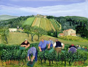 ぶどう畑、オリーブ、ひまわり（油彩・キャンバス） 作： Margaret Loxton