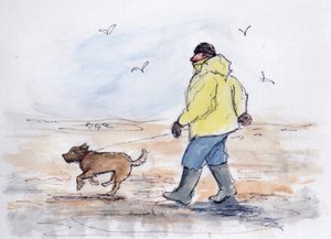 犬の散歩 - 01 (ペンと水彩) 作： Margaret Loxton