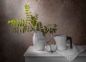 素朴なエナメル器の静物画 作： Margareth Perfoncio