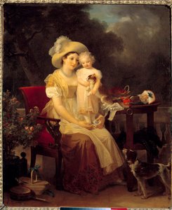 膝の上に少女を抱いて座る女性 マルグリット・ジェラール（1761-1837）の絵 1799年 日0,64x0,53m。ディジョン、美術博物館。 作： Marguerite Gerard