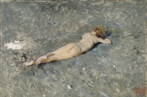 ポルティチの浜辺に横たわる裸の子供 (ポルティチの浜辺のヌード) - マリアーノ・フォーチュニー (1838-1874) の絵画 作： Mariano Fortuny y Marsal