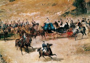 1837年にマドリードを守る砲台を視察するマリア・クリスティーナ女王と娘のイサベル2世、細部、1866年頃（油彩・キャンバス