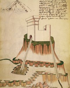 Study on the correct installation of a well and the drainage for a fortress,, illustration from a work by Mariano di Jacopo Vanni, known as Taccola (15th Century), manuscript   1462031   ja       japanese Successfully Translated  Original: Frigate and Corv 作： Mariano di Jacopo (1382 c.1453) (after)
