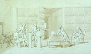 アントワーヌ・ラヴォワジエ（1743-94）と彼の呼吸の実験（紙にペンとインクとセピア色のウォッシュ） 作： Marie Anne Pierrette Lavoisier