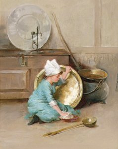 真鍮を磨く」1900年頃（パネルに油彩） 作： Marie Elizabeth Seymour Lucas