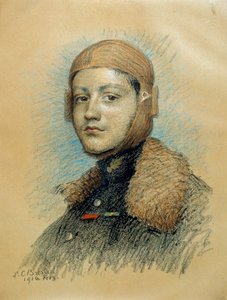 フランスの軍用機パイロット、ジョルジュ・ギュイネメール（1894-1917）の肖像。1916年2月のドローイング。Marie Louise Catherine Breslau (1856-1928) ec.suis.によるドローイング。 作： Marie Louise Catherine Breslau