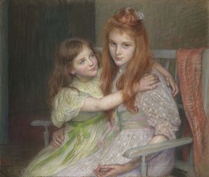 ベンチに座っている二人の女の子 作： Marie Louise Catherine Breslau
