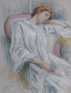 椅子で眠っている若い女性 作： Marie Louise Catherine Breslau