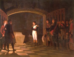 1806 年 10 月 25 日、ポツダム、プロイセンのフリードリヒ 2 世の墓の前で瞑想するナポレオン 作： Marie Nicolas Ponce Camus