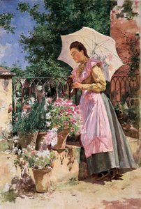 ""傘を持つ女"" イシドロ・マリン・ガレス（1863-1926）の絵画 19世紀後半 グラナダ。グラナダ・ベラス・アルテス美術館。 作： Marin Isidoro Gares
