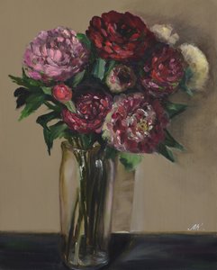 ガラスの花瓶の濃い赤のボタン - 雰囲気のある花の油彩画