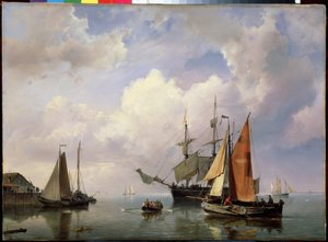 海景。 (海景)。 セーラーのエイドリアン・コエッケク (1807-1870) の絵画。 キャンバスに油彩。 オランダの芸術。 国立野外博物館ペテルゴフ、サンクトペテルブルク。 作： Marinus Adrianus Koekkoek
