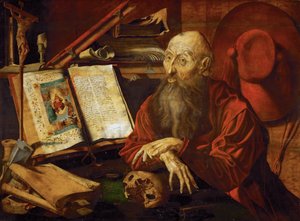 St. Jerome dans sa cellule - 独房の中の聖ジェローム」レイマーズウェーレ、マリヌスクレーズ、ファン（約1490-1567年後）作。木に油彩、約1545年。寸法：80x108cm。美術史博物館、ヴィエンヌ