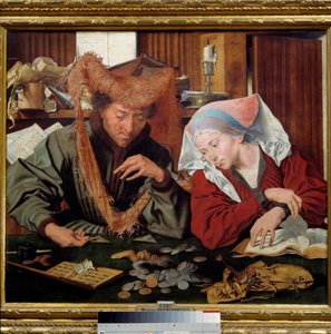 両替商とその妻 両替商の夫婦がお金を数えたり量ったりしている様子。マリナス・クラエスゾーン・ファン・レイメンスワエレ（1493-1567）による絵画 1538年 マドリード、プラド美術館 作： Marinus van Reymerswaele