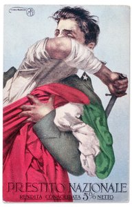 抜刀して三色旗を守るイタリア兵。1915-18年頃の国民貸付金の宣伝用郵便はがき（ポストカード）