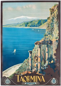 タオルミーナを宣伝するポスター、1927年頃（カラーのリトグラフ） 作： Mario Borgoni