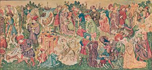 ハードウィック・タペストリーの1つを水彩画で表現、1902年頃 作： Marion Reid
