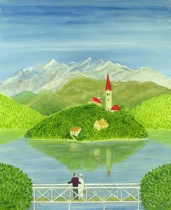 雪を頂いた山々と橋の上の恋人たち