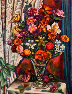 1930年の銀製の花瓶の花の静物画。 作： Mark Gertler