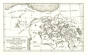 「オスマン帝国のクルド部族のおおよその分布を示す地図」、1915 年頃。 作： Mark Sykes