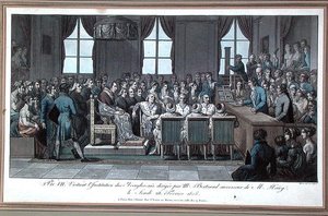 ヴァレンティン・ホーイ（1745-1822）の後継者ベルトラン氏が所長を務めるパリの「盲人施設」を訪れた教皇ピオ7世（1805年2月28日、カラー印刷）。 作： Marle Marle
