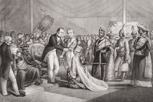 「英語とスコットランドの歴史の図解」第2巻の1858年、セポイの反乱の鎮圧後のカウンポアのグランドダルバール 作： Marshall Claxton