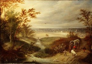 広大な森の風景と、浅瀬に置かれた荷馬車 作： Marten (attr. to) Ryckaert