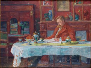 1855年から1918年までのテーブルでのエミール・ベルハーレン、1900年。 作： Marthe Verhaeren