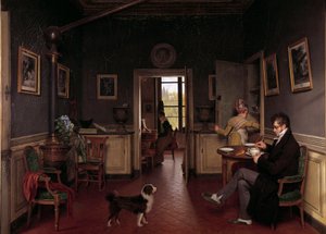 1815年のダイニングルームの内観 犬の目の前で朝食をとるスリッパ姿の男性。マーティン・ドローリング（1752-1817）の絵