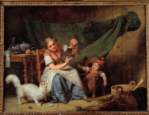女とネズミ 猫と赤ん坊の前でネズミ捕りを手にする少女。マーティン・ドローリング（1752-1817）による絵画 1798年 日0,25x0,35 m オーリンズ美術博物館