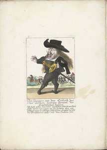 スペインのドゥワーグ ドン グアポス、1710 年頃 Don Quixote の血からの Don Guappos、今日のフランスのスペイン人の将軍 (オブジェクトのタイトル) Il Callotto resurcitato または Newly Furnished Small Cabinet (シリーズ タイトル) 作： Martin Engelbrecht (attributed to)