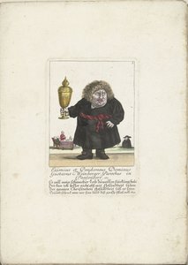 カップを持つ聖職者としてのドワーフ グスタフ ワインベルガー、1710 年頃 Eximius et Ponderosus Dominus Gustavus Weinberger Parochus in Panzendorf など (オブジェクトのタイトル) Il Callotto resurcitato oder Neu einrichtings Zwerchen Cabinet (シリーズ タイトル) 作： Martin Engelbrecht (attributed to)