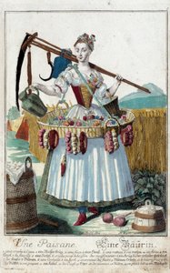 農民の女性。マルティン・エンゲルブレヒト（1684-1756）のエングレーヴィング（18世紀、ドイツ、「マヌーヴリー・ハビーユの新しい集合体」に収録）。パリ、装飾美術。 作： Martin Engelbrecht