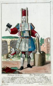 メチエ。本の製本業者。マーティン・エンゲルブレヒト(1684-1756)のエングレーヴィング、18世紀ドイツの「manouvries habillesの新しい組み立て」による。パリ、装飾美術 作： Martin Engelbrecht