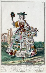 メチエ。イメージセールスウーマン。マーティン・エンゲルブレヒト（1684-1756）のエングレーヴィング、18世紀、ドイツ。パリ、装飾美術 作： Martin Engelbrecht
