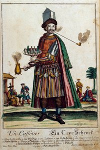 コーヒーメーカー：コーヒーメーカーとサービスを身につけた男性。マーティン・エンゲルブレヒト（1684-1756）によるエングレーヴィング 18世紀 パリ 装飾美術