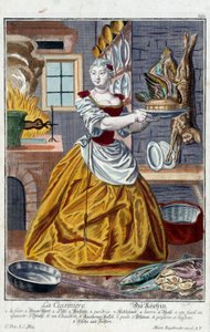 料理人。マーティン・エンゲルブレヒト(1684-1756)のエングレーヴィング、18世紀ドイツの「マヌーヴリー・ハビーユの新しい集合体」による。パリ、装飾美術 作： Martin Engelbrecht