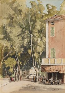 「プラタナスの大通り、ヴェゾン」、ボークルーズ、1933年10月（紙にインクと水彩） 作： Martin Hardie