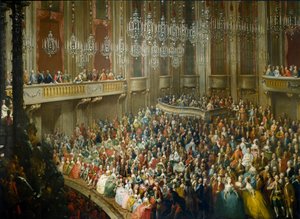オーストリアのマリー・テレーズ（1717-1780）、皇帝となったヨーゼフ2世（1741-1790）、イザベラ・オブ・パルマ（ブルボン・パルマ）の妻に敬意を表して行われた饗宴1760年10月10日には、若き日のヴォルフガング・アマデウス・モーツァルト（1756-1791）が出席している。の絵が描かれています。 作： Martin II (school of) Mytens or Meytens