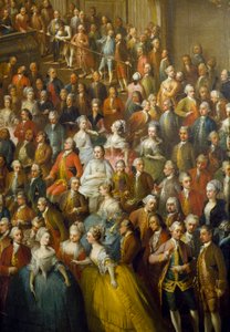 1760年10月10日、オーストリアのマリー・テレーズ（1717-1780）、後の皇帝ヨーゼフ2世（1741-1790）、パルマのイザベラ夫人（ブルボン・パルマ）を称えて行われた饗宴 中央には若き日のヴォルフガング・アマデウス・モーツァルト（1756-1791）が描かれている。