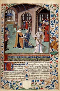 ヴァーチュの寓意： ヴァーチュの前で主君に貢ぎ物をする家臣。マルタン・ル・フラン（1410-1461）の「幸運と美徳の精神」のミニチュア、1447-1448年、パリB.N. 作： Martin Le Franc