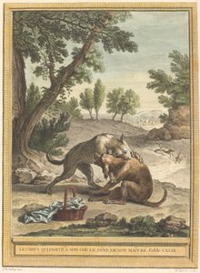 主人の晩餐を首にかける犬 作： Martin Marvie after Jean Baptiste Oudry