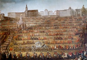 オーストリア皇帝ヨーゼフ2世（1741-1790）との結婚を機にウィーンを訪れたブルボン・パルマ家のマリー・イザベラ（1741-1763）の入場、背景にはアウグスティヌス教会と宮廷図書館 大規模な行列が編成されている。