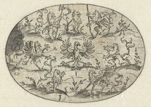 ライオンとファンタジーの生き物に囲まれた鷲の楕円形 Nev Thier Bvechlein (シリーズタイトル) 作： Martin Pleginck