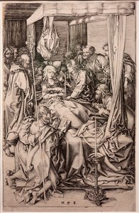 紙にエングレーヴィング。聖母の死マルティン・ションガウアー1470-1491年頃(紙にエングレーヴィング） 作： Martin Schongauer
