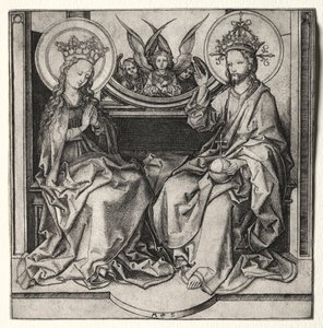 父なる神と天使たちが出席した聖母マリアc。 1480-90。 作： Martin Schongauer