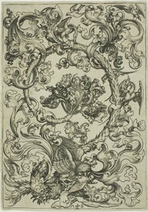 フクロウが昼間の鳥に擬態したオーナメント 作： Martin Schongauer
