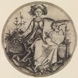 一角獣のいる盾を持つ座像の女性、約1435-1491年、約1435-1491年。 作： Martin Schongauer