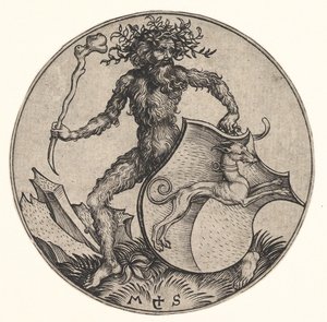 ワイルドマンが所有するグレイハウンドの盾、ca。 1435-1491。 作： Martin Schongauer